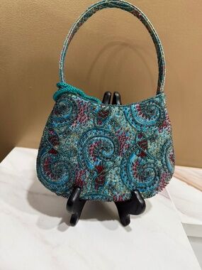 Beaded bag in teal blue and maroon/pink/silver, cord shoulder strap, hand bag
